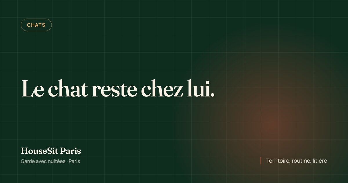 Couverture éditoriale de l'article, avec le titre « Le chat reste chez lui » en lettres crème sur un fond vert forêt.