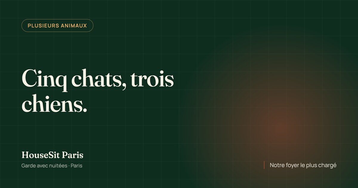 Couverture éditoriale de l'article, avec le titre « Cinq chats, trois chiens » en lettres crème sur un fond vert forêt.