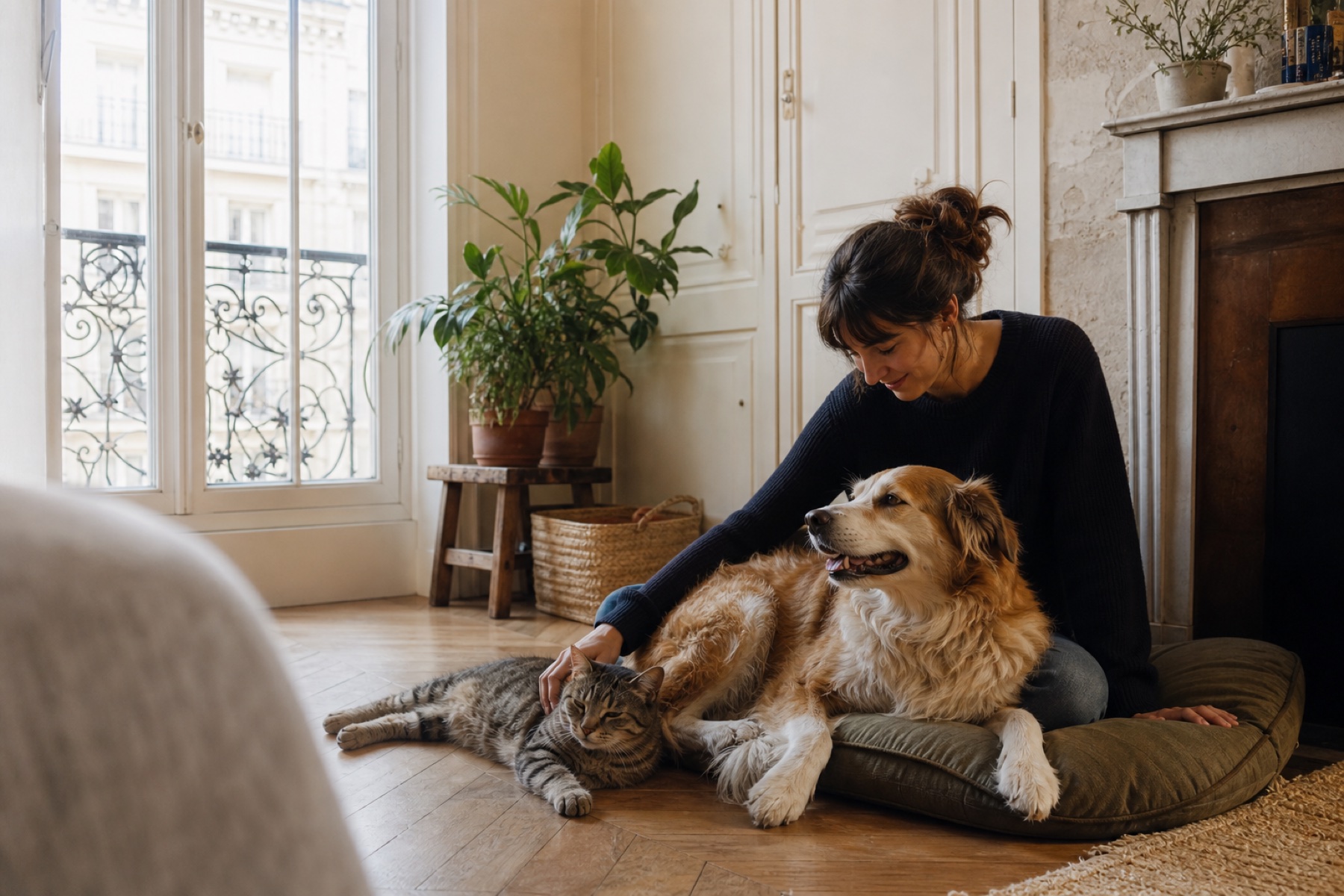 A pet sitter spending time with a dog and cat at home